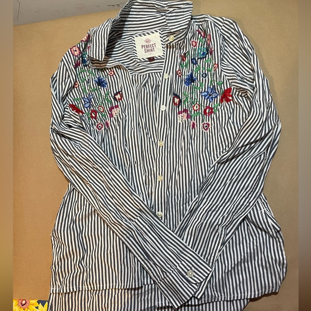 Embroidered striped button down women’s dress shirt